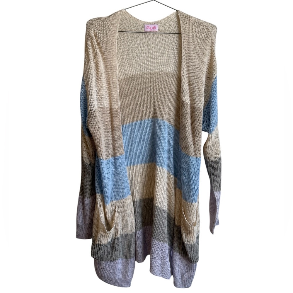 Pink Lily Striped Color Block Open Knit Oversized Cardigan XS NWOT